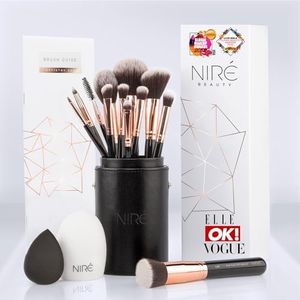 Niré Beauty 15piece Award Winning Professional Makeup Brush Set: Vegan Makeup Brushes with Case, Makeup Sponge, Brush Cleaner, Guide, Gift Box