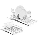 Fuvdreamer Dish Drying Rack with Drainboard Set, Extendable Dish Rack, Compact Dish Drainer,Utensil Holder, Cup Holder, Drying Rack for Kitchen Sink (White)