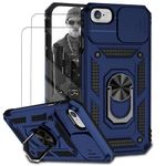 Case for iPhone 6/7 / 8 / SE Phone Case Cover - Includes 2 Tempered Protective Films with Sliding Window Camera Protection and Phone Holder - Blue