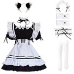 LISANEK Maid Outfit Anime Cosplay Lolita Maid Dress French Maid Costume Plush cat ear Socks set (S, Black)