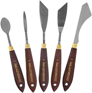 U.S. Art Supply 5-Piece Artist Stainless Steel Palette Knife Set - Wood Hande Flexible Spatula Painting Knives for Color Mixing Spreading, Applying Oil, Acrylic, Epoxy, Pouring Paint on Canvases, Cake