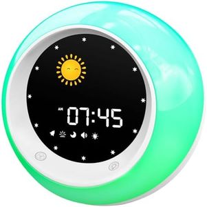 I.CODE Sun & Moon Rise Kids Alarm Clock, Children's Sleep Trainer ,Sleep Sound Machine, Wake Up Light & Night Light ,Teach Kids Day & Night