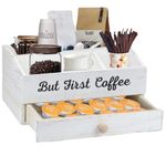 Mandikays| Coffee Station Organizer with K Cup Coffee Pod Holder| Wooden Coffee Bar Accessories Storage Bin| Coffee Bar Organizer for Countertop| Farmhouse Kitchen Décor| Rustic White Coffee Caddy