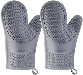 Heat Resistant Silicone Oven Mitts, Soft Quilted Lining, Extra Long, Waterproof Flexible Gloves for Cooking and BBQ, Kitchen Mitt, Easy Clean (Grey, Silicone)