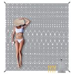 78''×86'' Large Beach Blanket for 4 Adults, Outdoor Beach Mat Sand Proof Waterproof with 4 Stakes & 4 Corner Pockets, Polyester Lightweight Comapct Grey Picnic Blanket for Travel, Camping, Hiking