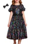 Girls Sparkly Sequin Party Midi Dress Wedding Guster Princess Birthday Dress A-Line Flower Girl Dress Colorful Black 7-8 Years