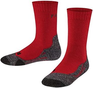 FALKE Unisex Kids TK2 Explore Hiking Socks, Mid Calf, Medium Padding Athletic Sock, Breathable Quick Dry, Merino Wool, Red (Fire 8150), 10-12.5, 1 Pair
