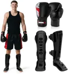 Kickboxing Shin Guards Muay Thai Shin Pads with 16 OZ Boxing Gloves, Adjustable Leg Guards with Instep Protection Shinguards with Workout Gloves Martial Arts Training Equipment for MMA Training(L)