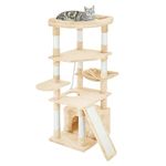 Pesofer Cat Tree Multi Level Cat Tower with Sisal-Covered Scratching Posts, Kitty Playhouse and Large Top Perch Beige