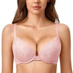 DOBREVA Women's Push Up Lace Bra Sexy Plunge Padded Underwire Support Bras Lift Up Gentle Rose 40B