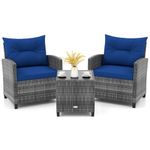 KOTEK 3 Piece Patio Furniture Set, Outdoor PE Rattan Conversation Set with Washable Cushions & Tempered Glass Tabletop, Wicker Chairs and Table Set for Porch, Garden, Balcony (Navy)