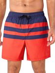 SILKWORLD Men's Swim Trunks Quick Dry Bathing Suit, Beach Shorts with Mesh Lining, Navy Red Stripes, Small