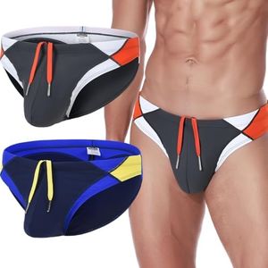 HASWECHYS Mens Sexy Swim Briefs Bikini Swimwear Bulge Pouch Bathing Suits Low Rise Swimsuit with Drawstring Grey Dark Blue XL