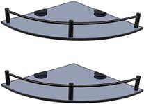 GerayMer Glass Bathroom Shelves, Set of 2 Glass Corner Shelf Wall Mount, Shower Corner Shelves with Rail, Floating Glass Shelves for Bathroom Kitchen Livingroom (Black)