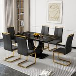 Btikita Dining Table Set for 6, Kitchen Table Chairs Set of 6, Modern Dining Room Set 63 inch Marble Dinner Table Upholstered Chairs for Dining Room (Black Table with 6 Chair, Black-Golden Legs)