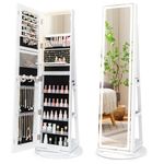 RELAX4LIFE 360° Swivel Jewellery Cabinet, 4 in 1 Standing Jewelry Armoire with 3-Color LED Lighted Full-Length Mirror & Makeup Mirror and Rear Shelves, Lockable Jewellery Organizer (White)