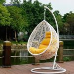 Candid Home Single Seater Swing Chair with Stand & Cushion Outdoor Indoor Balcony Garden Patio,Powder Coated Frame,UV Protected Wicker,Premium Cushion (White with Yellow Cushion)