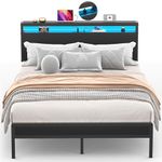 Cyclysio Full Size Bed Frame with Charging Station, Bed Frame with LED Lights Headboard, Sturdy Platform Bed with Storage Headboard, Steel Slat Support, No Box Spring Needed, Noise Free, Black