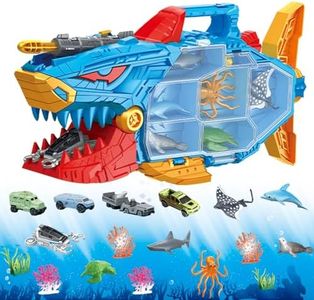 Frontoytall Shark Ocean Animal Toys Set with 18 Piece Sea Creatures & Transport Vehicles, Double-Side Storage + Portable Handle, Educational Bath Toys for Kids Ages 3-12 Years Old
