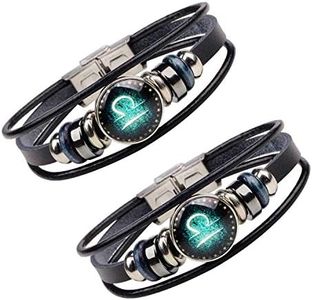 HUASAI 2Pcs 12 Zodiac Bracelets Set for Women Leo Scorpio Capricorn Bracelets Black Leather Bracelets for Men 12 Constellations Bangle Bracelets for Birthday Gifts
