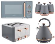 TOWER Cavaletto Grey & Rose Gold Kitchen Set of 6 Including 1.7L 3KW Pyramid Kettle, 4 Slice Toaster, 800W 20L Microwave 3 Tea, Coffee Sugar Canisters, (TWRCAVPKT4MICCANSRGG)