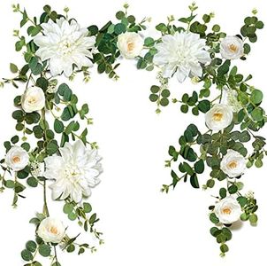 190cm Floral Garland, OrgMemory Eucalyptus Garland with Dahlias Camellia, Artificial Vine For Wedding Door Decoration Wall Hanging Plant Table Runner Mantle Decoration(Camellia Dahlias)