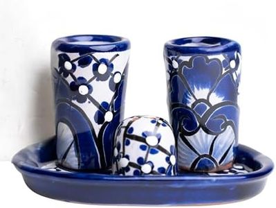 MEXTEQUIL - Authentic Mexican Talavera Tequila Shot Glasse with Tray and Salt Shaker - 2 Shots, 4pieces - Giffable - Artisanal colorful hand-painted (Blue)