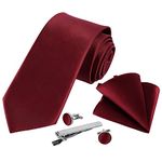 Beaface Men Ties Set, Burgundy Red Ties for Wedding Business, Men's Ties and Pocket Square Cufflinks Tie Clip 5 PCS Set (Burgundy)