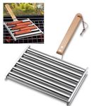 ZELONUUS 9.5 Inch Long Hot Dog Roller for Grill Stainless Steel Sausage Roller Rack with Wooden Handle and 4 Hotdog Sticks