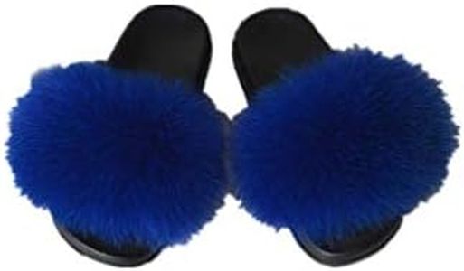 LVCOMEFF Girls real fox fur sandals slides fluffy fuzzy for kid child (12,royal blue)