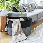 Elipenico Large Woven Cotton Rope Basket – Stylish Storage Solution for Home Decor | Multi-functional Organizer for Toys, Blankets, and More – 17" x 15" x 14" (Grey & Blue)