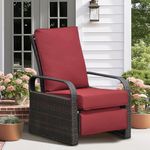 Skypatio Outdoor/Indoor Recliner Chair, Adjustable All-Weather Wicker Oversized Patio Reclining Chair, Aluminum Patio Relaxing Lounge Rattan Armchair with Thick Cushion (Brown Wicker+Red Cushion)