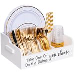 Karisky Paper Plate Dispenser for Countertop, Solid Wood Silverware Utensil Caddy Holder for Party, 6 Compartments Cutlery Flatware Organizer for Cups Plates Spoons Forks Napkins, White