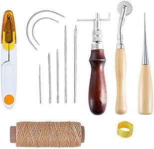 Leather Sewing Tools Leather Sewing Tools Set, DIY Leather Craft Tools Hand Stitching Tool Set with Groover Awl Waxed Thread Thimble Kit for Stitching Cutting Leather Craft Making (7-Piece Set)