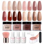 AZUREBEAUTY Dip Powder Nail Kit Starter, 4 Colors Skin Nude Brown Glitter, Acrylic Dipping Powder Liquid Set with Base/Top Coat Activator for Daily French Nail Art Manicure DIY Gift 12 Pcs