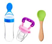 Manan Shopee Baby Needs Items All in One 1-Baby Bib (Print May Vary) 1-Feeder 1 Baby Feeding Spoon and 1-Fruit Nibbler (Combo Pack) (Multicolor1)