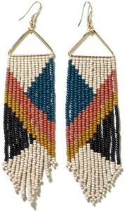 INK+ALLOY Women's Peacock Rust Citron Fringe on Brass Triangle Seed Bead Dangle Earrings Handmade Jewelry for the Modern Bohemian, 4.5-Inches