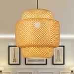 Rattan Pendant Light, Bamboo Lampshade Handmade Weave Lighting, Modern Hanging Ceiling Hand-Woven Light Fixture for Kitchen Living Room (16" x 16.2"), Bulb Not Included