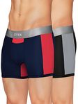 XYXX Men's Underwear Illuminati IntelliSoft Antimicrobial Micro Modal Trunk Pack of 2 (Black Iris & Tango Red;Black & Steel Grey; L)