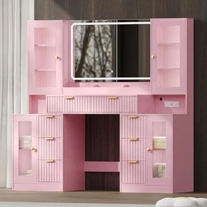 BOXACTION 55" Makeup Vanity Desk with Mirror and Lights, Glass Top, Pink