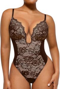 SHAPELLX Lace Bodysuit for Women Tummy Control Thong Tops Body Shaper Shapewear Bodysuit U Plunge Backless Body Suit, Brown, Large