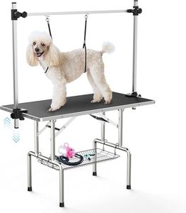 CHUCII 46-inch Pet Dog Grooming Table, Adjustable Drying Desktop with Arms, Foldable Pet Station with 2 Loops Height Adjustable, with Arms, Nooses, Mesh Tray, Maximum Capacity Up to 330Lb