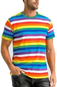 Funny World Mens Rainbow Striped Shirt Crewneck Short Sleeve Pride Month T Shirts, XXX-Large