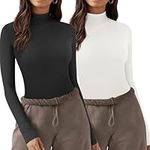 Zeagoo Women's T-Shirt Long Sleeve Crop Top Form Fitting Mock Neck Shirts for Women Trendy 2024, 2 Pack 1 Pack Black+1 Pack White L