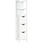 kleankin Narrow Bathroom Cabinet with 3 Drawers and 2 Tier Shelf, Tall Cupboard Freestanding Linen Tower, White