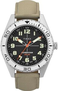 Montre Timex pour homme Expedition Field Solar 43 mm - Bracelet brun clair, cadran noir, boîtier acier à placage ionique TW4B30700