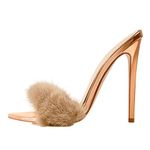 Only maker Open Pointed Toe High Heel Mules Sexy Sandals for Women Dress Heels Ladies Stiletto Heel Summer Shoes Faux Fur Rose Gold Size 5