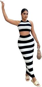GORGLITTER Women's 2 Piece Outfit Color Block Striped Halter Top and Ribbed Knit Bodycon Maxi Skirt Set Black and White X-Small