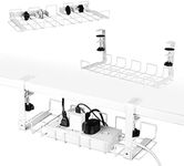 Baskiss 2 Packs Cable Management Tray, 40 cm Under Desk Cord Organizer with Clamp Mount for Wire Management, Foldable Handle Metal Holder for Desks, Offices, Kitchens, No Need to Drill Holes (White)