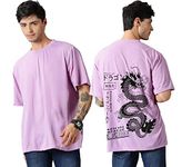 Diversify Men's Cotton Blend Round Neck Half Sleeve Dragon Back Printed T-Shirt (Medium, Lavender)